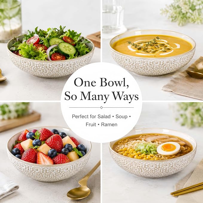 8" Ceramic Pasta Bowls, 22 Oz Serving Bowls Set of 4, Porcelain Shallow Soup Bowl, Embossed Serving Dishes for Pasta, Fruit, Salad, Housewarming Gift, Dishwasher Safe