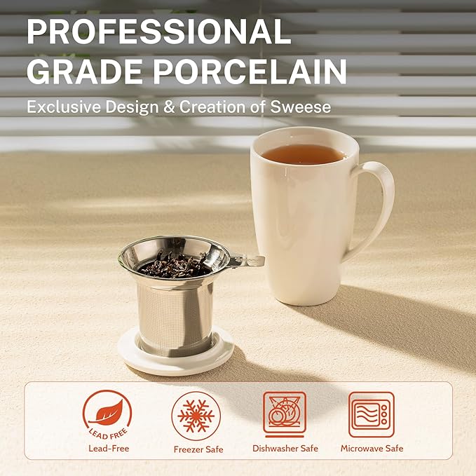 Sweese 15oz Porcelain Tea Mug with Infuser and Lid – Microwave Safe, Ergonomic Handle, Lead-Free Glaze, for Loose Leaf Tea White;