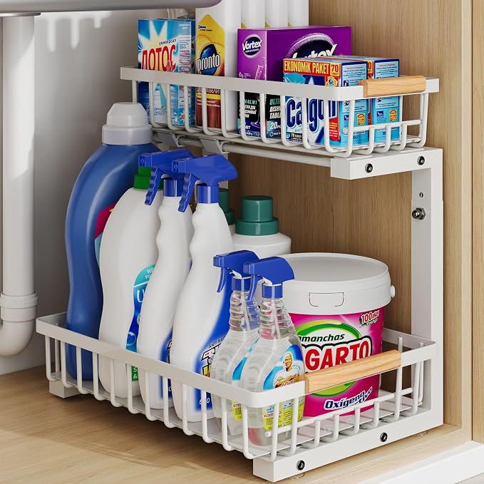 Under Sink Organizer Storage for Families: Pull Out Storage Undersink Organizers Drawer Cabinet - Sliding 2 Tier Rack Metal Organization Under Counter Kitchen Bathroom for Homemakers(White,1 Pack)