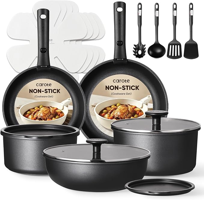 CAROTE 19pcs Pots and Pans Set Non Stick, Detachable Handle Cookware | Kitchen Cooking Sets, Space Saving, Dishwasher & Oven Safe, Non-Toxic, for Camping/RV/Traveling, Black