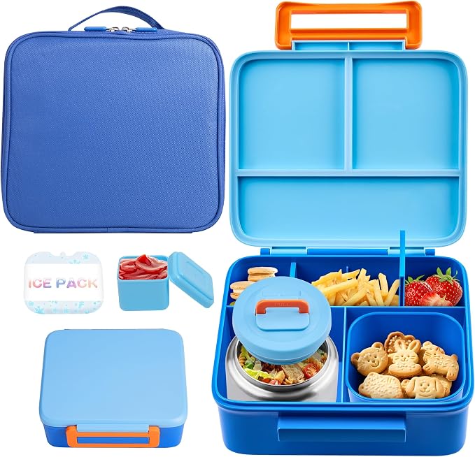 Bento Lunch Box for Kids with Thermo, Leakproof Bento Box with 8oz Insulated Food Jar, Lunch Bag, BPA Free Dishwasher Safe 4 Compartment Container for School Girls Boys (Blue)