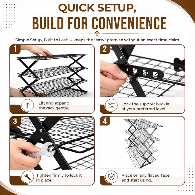 4 Tier Collapsible Cooling Rack for Baking, Tiered & Stackable | Includes 12-piece stainless cookie cutter set. Locks in place at 3 adjustable heights. Folds flat to 2.5in to store.