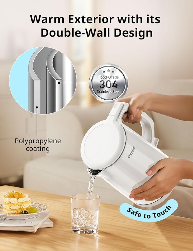 COMFEE' Stainless Steel Double Wall Electric Kettle 1.5L, White