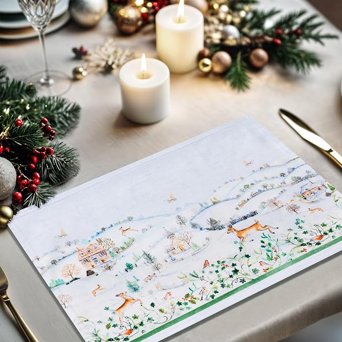 Maison d' Hermine Placemats Set of 4 Reusable 100% Cotton (13"x19") | Cloth Place Mats Washable Table Mats for Kitchen Dining Party Wedding Hotel Home Thanksgiving Christmas - Snowy World