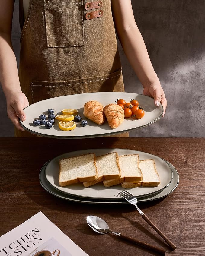 famiware Serving Platters Set of 3 Sizes - Oval, Light khaki | 15.59"/14.3"/12.9" Fine Stoneware Serving Trays for Party, Entertaining for Food, Turkey, Cheese, Microwave Dishwasher Safe