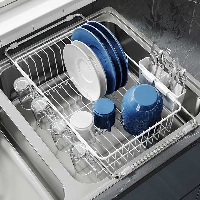 JASIWAY White Dish Drying Rack in Sink, Dish Drainer with Utensil Holder | Over The Sink Expandable Stainless Steel Strainer Dryer Rack for Small Kitchen, Counter Space Saving, Fast Drain, Rustproof