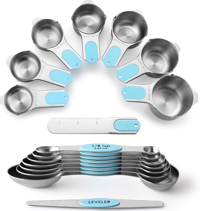 Spring Chef Magnetic Measuring Cups & Spoons Set of 16, Patented, Aqua Sky | Stackable Stainless Steel Measuring Cups & Heavy Duty Metal Measuring Spoons with Levelers for Dry & Liquid Ingredients