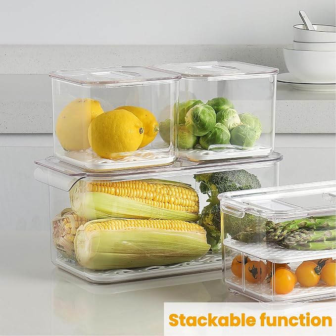 Fresh Produce Saver for Refrigerator, 3 Pcs Food Fruit Lettuce Keeper Containers, Salad Vegetable Storage Organizers Stackable, BPA-free Stay Fridge Storage Containers