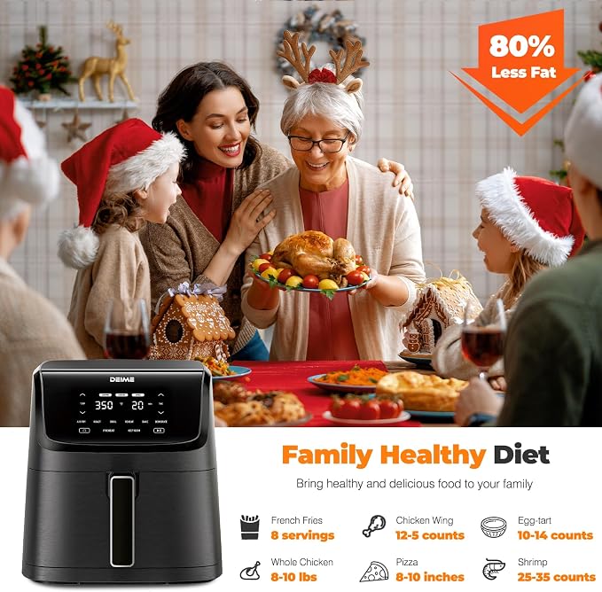 DEIME Air Fryer 7.2 QT 1700W Oilless Oven Healthy Cooker Air Fryers Large Capacity with 8 Presets, LCD Touch Screen, Customerizable Cooking, Non-Stick Basket (Black)
