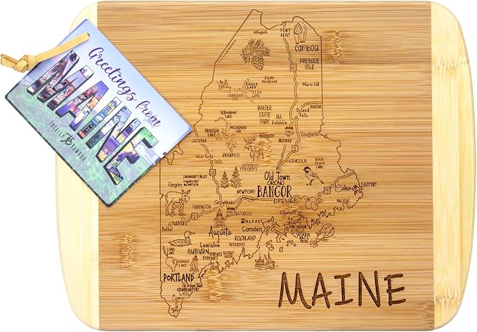 Totally Bamboo A Slice of Life Maine Engraved Map Cutting Board | 11” x 8.75” charcuterie board with engraved state map artwork. Smooth reverse side for food prep. Hang tie for wall display.