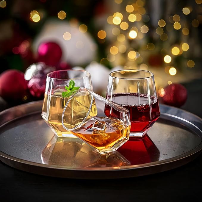 Hexagon Stemless Wine Glasses Set of 6 – Elegant 10.5 oz, Durable, Dishwasher Safe, Spill-Proof Design, Perfect for Wine, Cocktails, Whiskey, Everyday Use, Dinner Parties, and Entertaining, Giftable