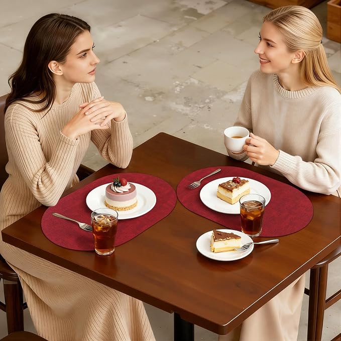 Placemats Set of 6, 11.8 x 17 Inch, Red | Heat Resistant Oval Faux Leather Place Mats, Waterproof Wipeable Reversible PU Placemat, Indoor & Outdoor