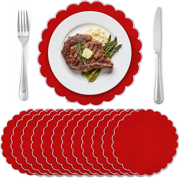 Set of 12 Red Cotton Placemats 15" Round Scalloped White | Double Layered Cotton Fabric, Washable Embroidery, White Edge Edge, Rustic Table Mats for Wedding Dining Table Decor