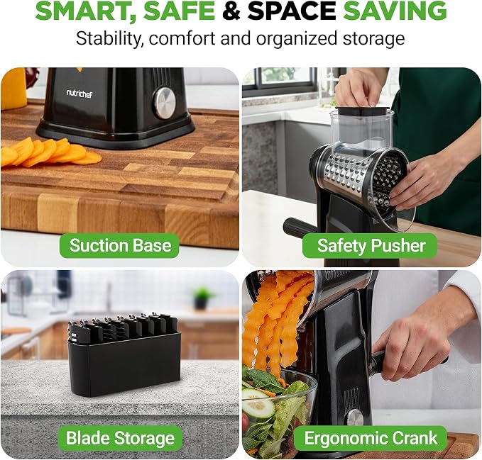 NutriChef 5 in 1 Cheese Grater & Shredder | 5 Different Blades for Thin, Thick, Julienne Strips, Wavy, & Straight Strips | Includes Hand Crank, Strong Suction Base & Storage Container | Black