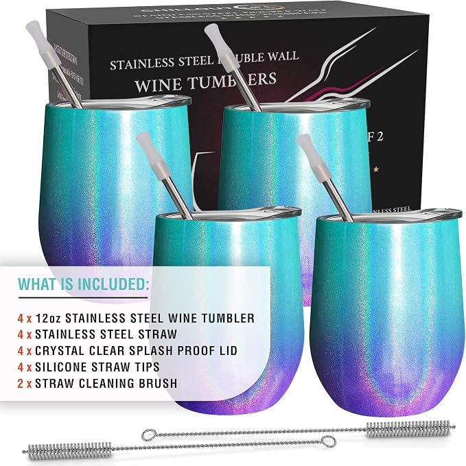 CHILLOUT LIFE 12 oz Stainless Steel Wine Tumblers 4 Pack - Double Wall Vacuum Insulated Wine Glasses Cups with Lids and Straws Set Keeping Cold & Hot for Coffee, Beer, Ice Cream - Mermaid Sparkle