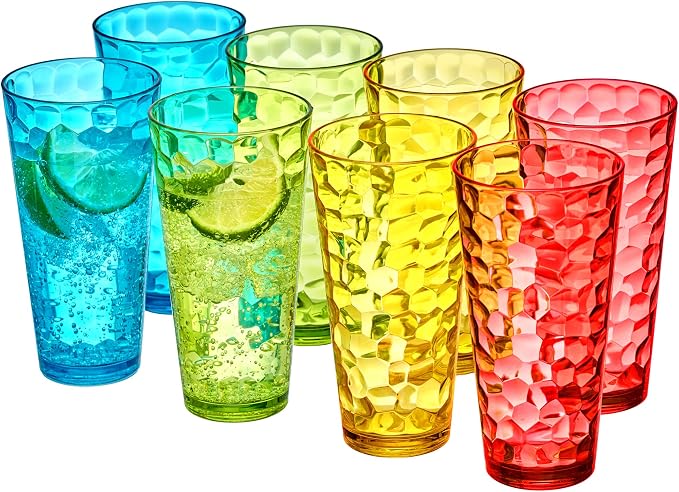 Amazing Abby - Iceberg - 24-Ounce Plastic Tumblers (Set of 8), Mixed-Color High-Balls, Reusable, Stackable, BPA-Free, Shatter-Proof, Dishwasher-Safe