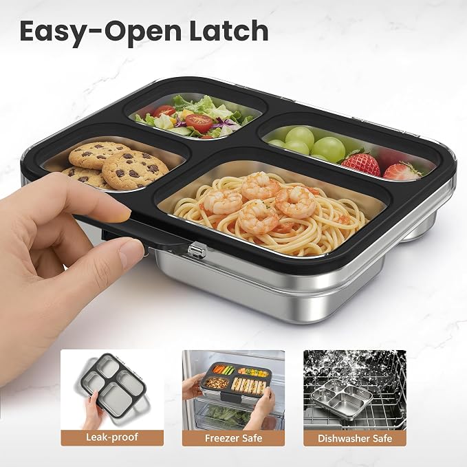 HOMEKOL Stainless Steel Bento Lunch Box, 4 Cups, Black | 4-Compartment Leak-Proof Metal Lunch Container for Kids & Adults, BPA/BPS-Free, Dishwasher Safe, Clear Lid, (Not Insulated)
