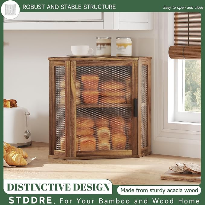 STDDRE Corner Bread Box for Kitchen Countertop 2-Tier Acacia Wood Kitchen Countertop Bread Storage Large Capacity Farmhouse Bread Box with Window Bread Holder Corner Food Organizer (Extra Large)