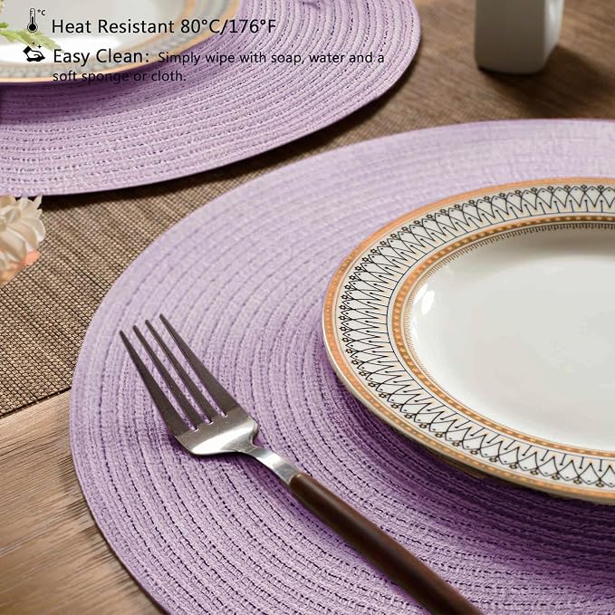 FunWheat Round Braided Placemats Set of 4 Place mats for Dining Tables Woven Heat Resistant Table Mats 15 inch (Light Purple,4pcs)