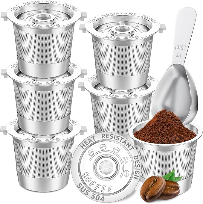 NESSUS 6 Pack Reusable K Cup for Keurig 1.0 | Stainless Steel Coffee Pods with Heat Resistant Handles and Scoop, NO BPA