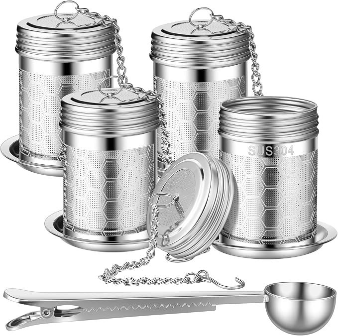 4 Pcs Tea Infuser Strainers for Loose Tea with Scoop, Extra Fine Mesh Steeper 304 Stainless Steel Diffuser Leaf Holder with Extended Chain Hook for Brew, Spices, Seasoning, Silver