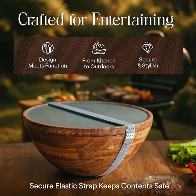 Large Wooden Salad Bowl Set 12.5 Inch with Serving Utensils, Tray Lid and Carry Strap. Acacia Wood Large Salad Bowls Ideal for Fruits and Dishes, Wooden Bowls for Food, Serving and Fruit Bowl