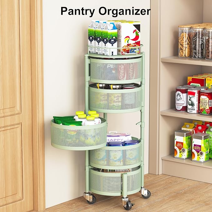 SAYZH 5 Tier Fruit Vegetable Basket Stand for Kitchen, Rotating, Green | Rolling Storage Cart with top lid, Large Metal Wire Rack for Potato and Onion Storage