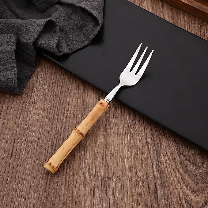 8 PCS Small Fork, 6.3 Inches Stainless Steel Dessert Forks with Bamboo Handle, Kitchen Flatware Cutlery Set, Use for Tasting Cakes Fruits and Appetizer, Mirror Polished