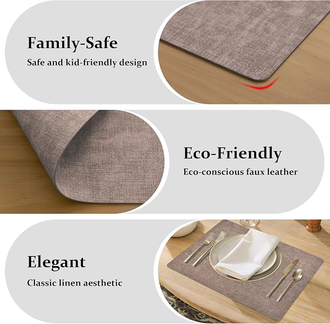 FROMHEART Faux Leather PU Placemats Set of 8 (Dark Coffee,11.8" x 17") | Waterproof,Heat/Oil Stain-Resistant Table Mat–Reversible,Non-Slip,Easy to Clean Place Mats for Kitchen,Dining,Indoor/Outdoor