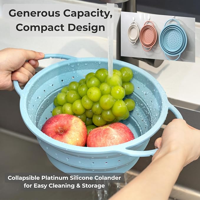 SelectShen™ Collapsible Silicone Colander Set, Stainless Steel Rim (3 Pk) | Heat-resistant, dishwasher-safe platinum silicone strainers. Sturdy stainless steel rim. BPA-free, space-saving, set of 3
