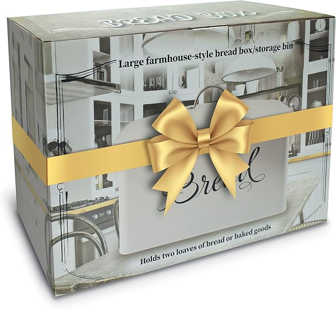 Better Kitchen Products Classic Metal Bread Box with Side Handles, Large Capacity (2 Bread Loaves), Farmhouse Bread Bin for Kitchen Countertop, Steel Bread Storage Container with Lid, White