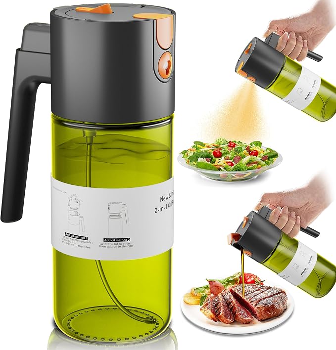 Olive Oil Sprayer & Dispenser Bottle for Cooking 17oz Dark Glass Oil Mister | 2-in-1 Sprayer & Pourer, Fine mist, Leakproof, Light-Blocking, Wide Mouth for Easy Refill & Clean, 8 Oil Labels, Reusable