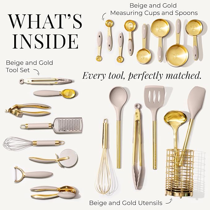 Styled Settings Beige and Gold Utensils Set, 23-Piece | Silicone Nonstick Cooking Tools with Garlic Press, Can Opener, Measuring Cups, Utensil Holder - Luxury Kitchen Accessories