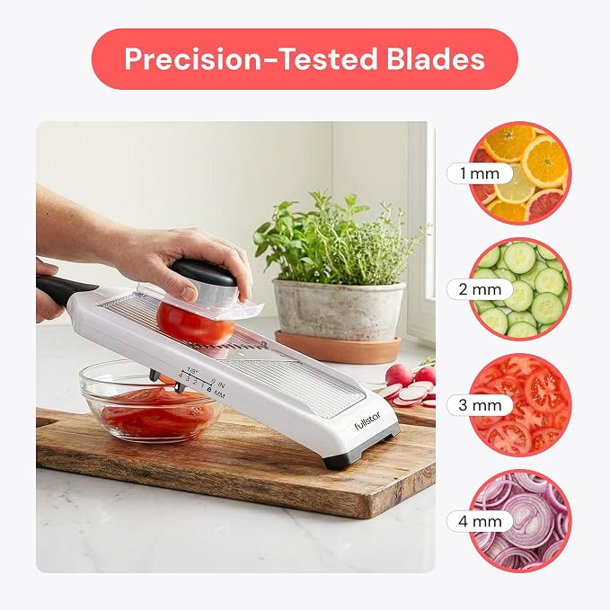 Fullstar - Handheld Mandoline Vegetable Slicer & Julienne Cutter | 2 in 1 Onion, Veggie & Fruit Slicer, 4 Thickness Settings with Stainless Steel Guard for Easy & Safer Slicing (White)