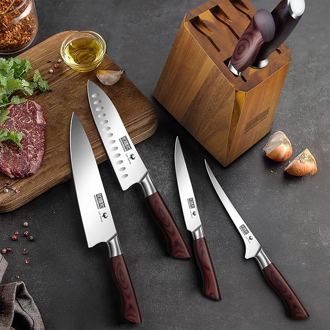 HOSHANHO 7PCS Kitchen Knife Set with Block, Sharp Chef Knives & Sharpener | High-Carbon Stainless Steel Cooking Knife Set, Ultra Sharp Professional Knife Set with Ergonomic Wood Handle, Ideal Home Gift
