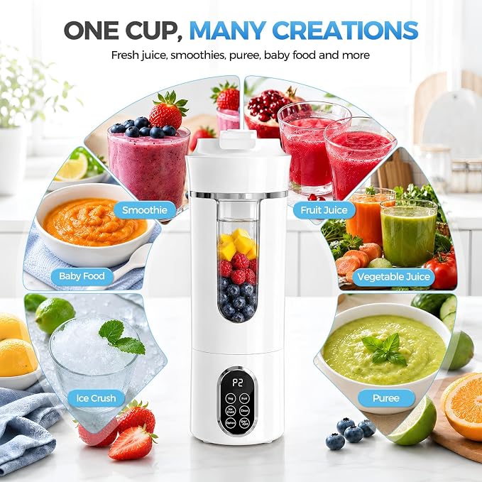 Beyn 530mL Portable Blender, Personal Smoothie Maker, USB-C Cordless, 12 Stainless Steel Blades, Leakproof Travel Cup, Digital One-Touch Self-Clean for Gym Home Office, (White)