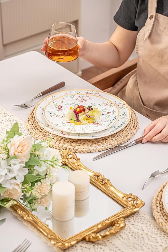 FHGNYSM Bone China Plates and Bowels,12-Pieces Dinnerware Sets, Highly Chip and Crack Resistant, Dishwasher & Microwave Safe Dishes Set, Dense and Translucence
