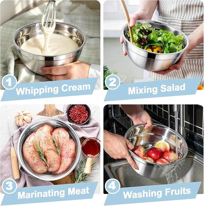 TeamFar Mixing Bowls, Stainless Steel Nesting Salad Bowls & Airtight Lids | For Serving/Mixing/Storing, Healthy & Long-lasting, Dishwasher Safe & Easy Clean, 4.6/3 / 1.5 QT, Black