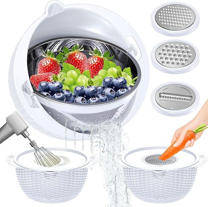 4-1 Colander with Bowl Set - Rotatable Colander for Kitchen(Patented) - Strainers and Colanders - Pasta Strainer with New Upgraded Graters for Fruit Veggie Fun Kitchen Presents - White