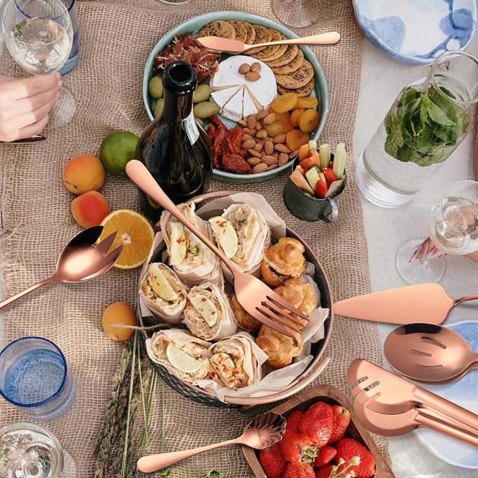 Rose Gold Serving Utensils Set 10 Pieces Copper Stainless Steel Catering Silverware Flatware Buffet Restaurant Banquet Include Fork Big Spoon Hostess Ladle Spatula Food Tong Cheese knife