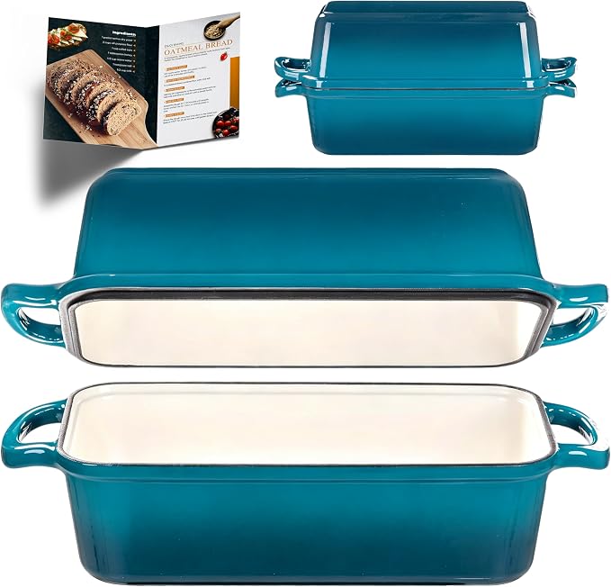 11x5 Inch Cast Iron Loaf Pan with Lid, Sourdough Bread Baking | Large Loaf Pans for Baking Bread, Even Heat Distribution Dutch Oven Bread Pan for Homemade Bread, Meatloaf (5.8Qt, Teal)