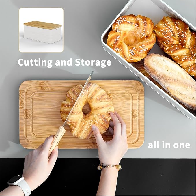 Bread Box for Kitchen Countertop,Metal Bread Storage Bin with Bamboo Cutting Board Lid, Includes Bread Knife, Fits Sourdough & Buns, Stylish Organize (White)
