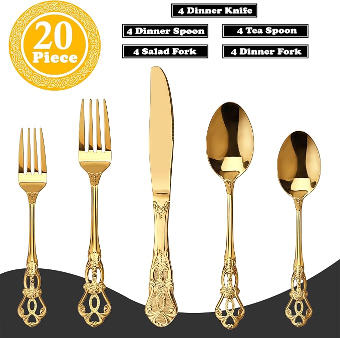 Runfly Gorgeous Retro Royal Gold Stainless Steel 20-Piece Flatware Set | Silverware Set for 4, Anti-rust Cutlery Set Utensils Kitchen Including Fork Spoon and Knife