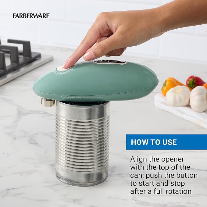 Farberware USB Rechargeable Electric Can Opener – Hands-Free Automatic Can Opener with Built-In Battery, Magnetic Lid Lifter, Compact Design, USB-C Charging Cord, Green