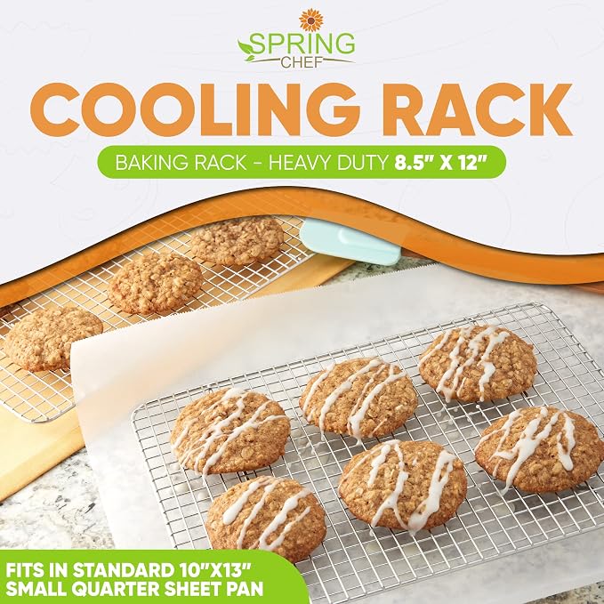 Spring Chef 8.5" x 12" Stainless Steel Cooling Rack for Baking, Set of 2 | Heavy Duty Oven Rack for Kitchen, Oven Safe Wire Rack for Baking, Fits Small Quarter Sheet Pan, Dishwasher Safe