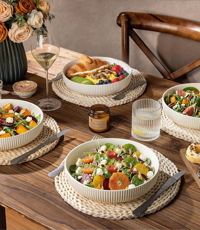 8.5" Ceramic Pasta Bowls Set of 4, Salad Bowls | Versatile Serving Bowls for Pasta, Salad, Fruit & Noodles, Housewarming & Wedding Gift, Beige