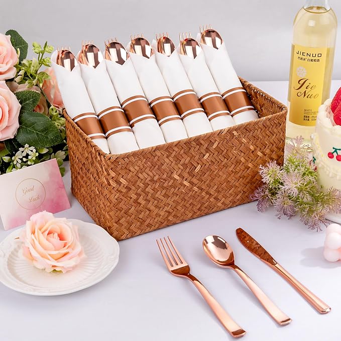 400PCS Pre Rolled Rose Gold Plastic Silverware Heavy Duty for Party | Individually Wrapped Utensils, 100 Guests, Durable and Sturdy, BPA free, Includes Matching Napkins, for Glamorous Weddings
