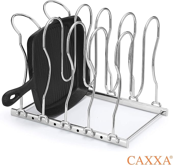 Heavy Duty Pan Rack, Pot Lid Rack, Kitchen Cabinet Pantry Cookware Organizer Rack Holder with 5 Adjustable Dividers, Chrome (Pack of 2)