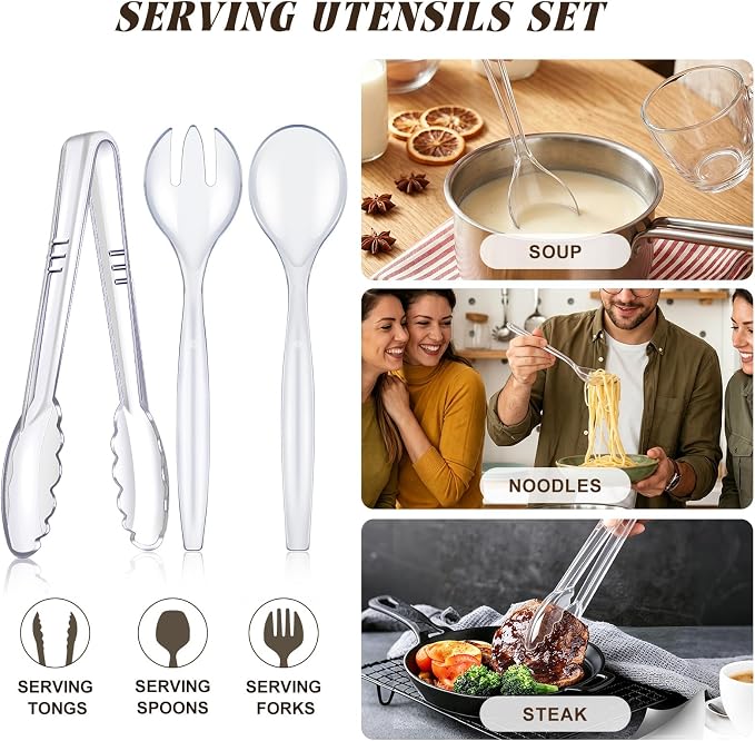 Mwellewm Plastic Serving Utensils Set Disposable Tongs Spoons for Buffet | 10'' Serving Spoons for Buffet, 18Pc Clear Fork Salad Tongs for Party Food,Catering Supplies Buffet Display for Restaurant