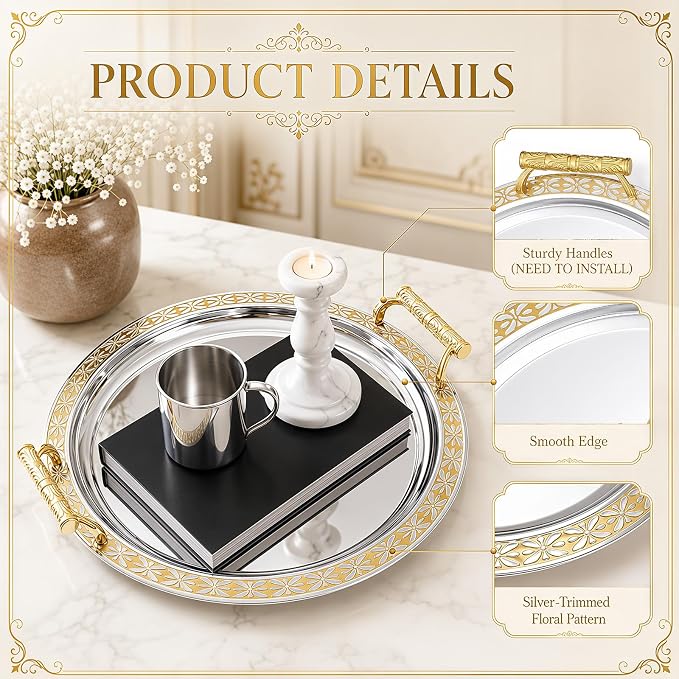 3 Pack Metal Serving Trays with Handles, Decorative Floral Platter Trays for Coffee Tea, Food, Dessert, Jewelry, for Buffet Wedding Party Kitchen Home Decor(Cute,Silver, Gold)